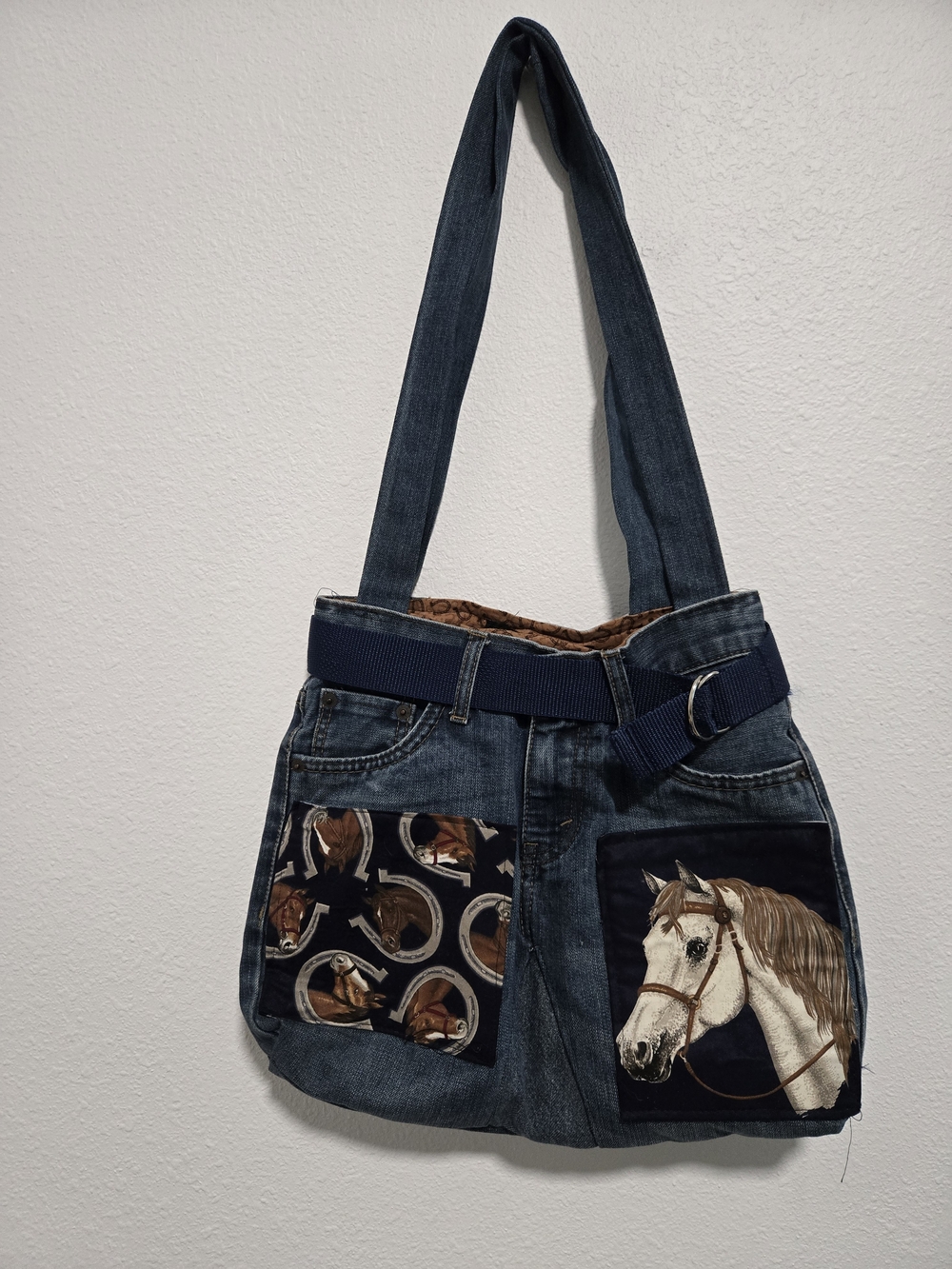 Denim Horse Patch Shoulder Bag in Dark Blue